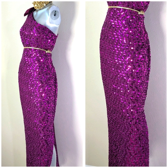 Off Shoulder Sequin Cocktail Evening Attached Chiffon Bow Side Split VTG Dress - Picture 6 of 12